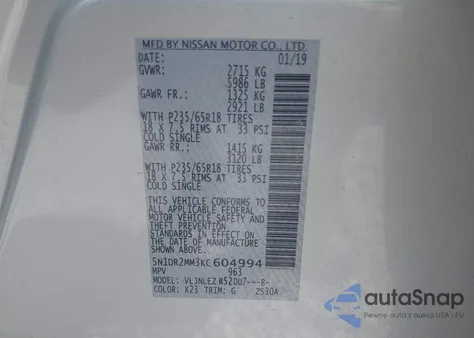 2019 Nissan Pathfinder Sv from USA, damaged, VIN 5N1DR2MM3KC604994